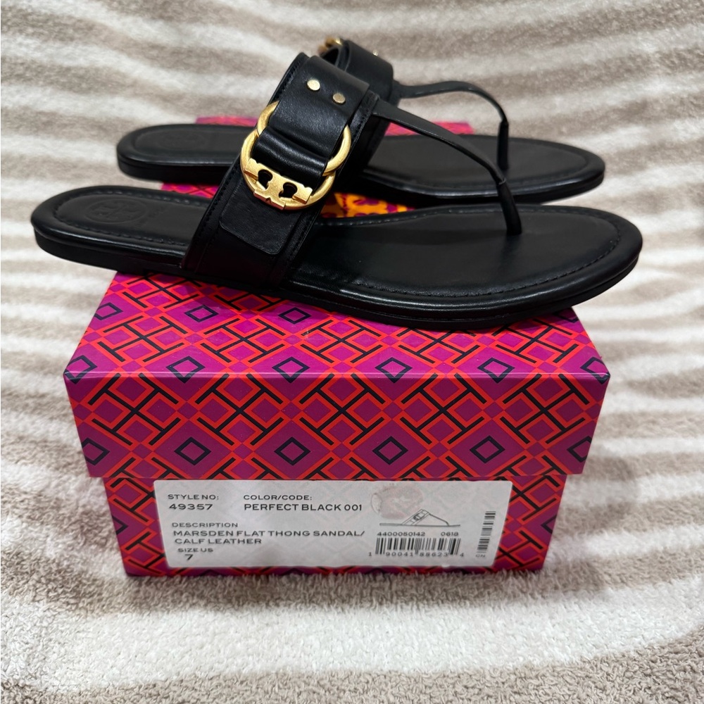 Tory Burch Black Leather Sandals with Gold Accent